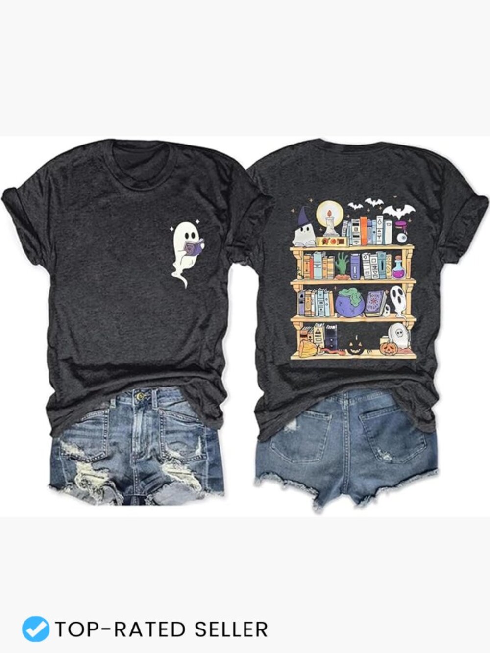 Ghost Reading Book Halloween Teacher Tee Soft Cotton Blend Casual Short Sleeve